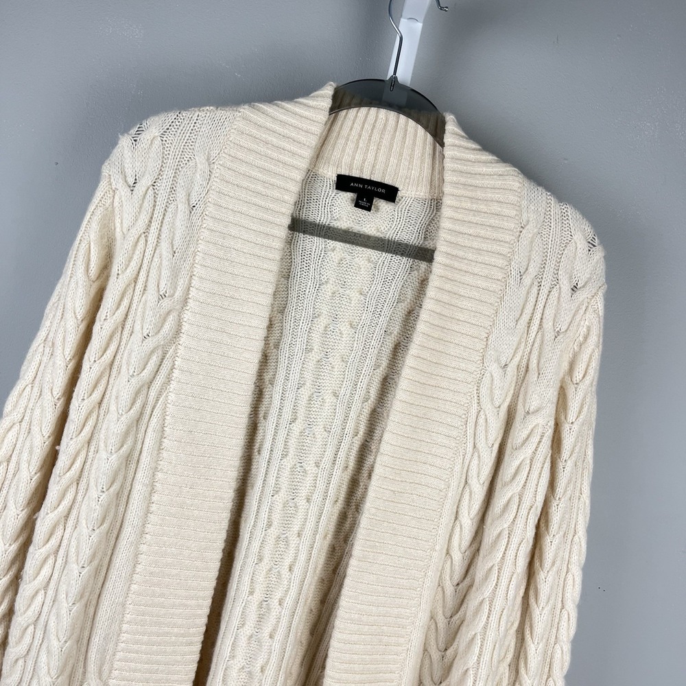 Ann Taylor Cardigan Sweater Womens L Ivory Wool Alpaca Cable Knit Open Front